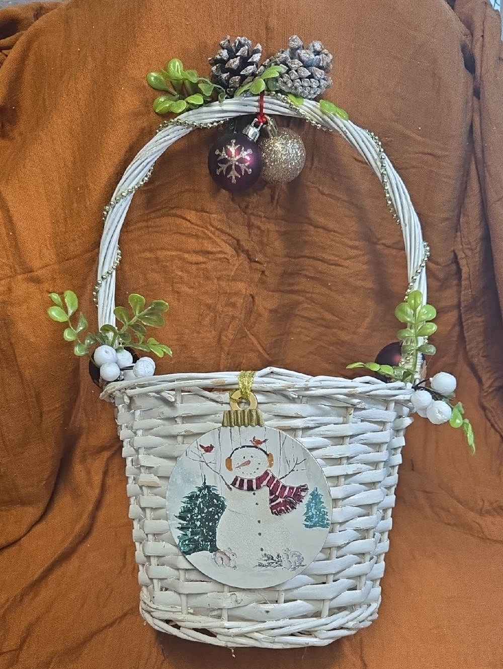 Upcycled White Wicker Holiday Basket with Snowman Ornament